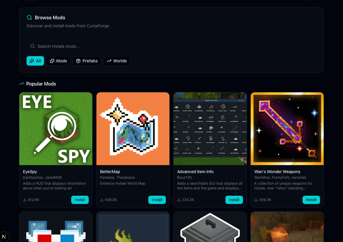 Hytale Den mod manager showing popular mods from CurseForge with one-click install